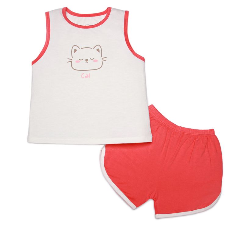 Bộ sát nách bé gái Bibo's sợi tre trắng, đỏ in mèo