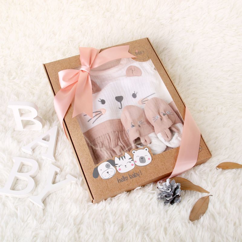 Hộp quà 2 chi tiết body xô bé gái Bibo's thêu mèo