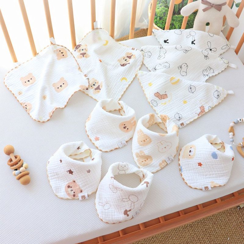 Set 5 khăn tam giác vải xô viền nâu in hình