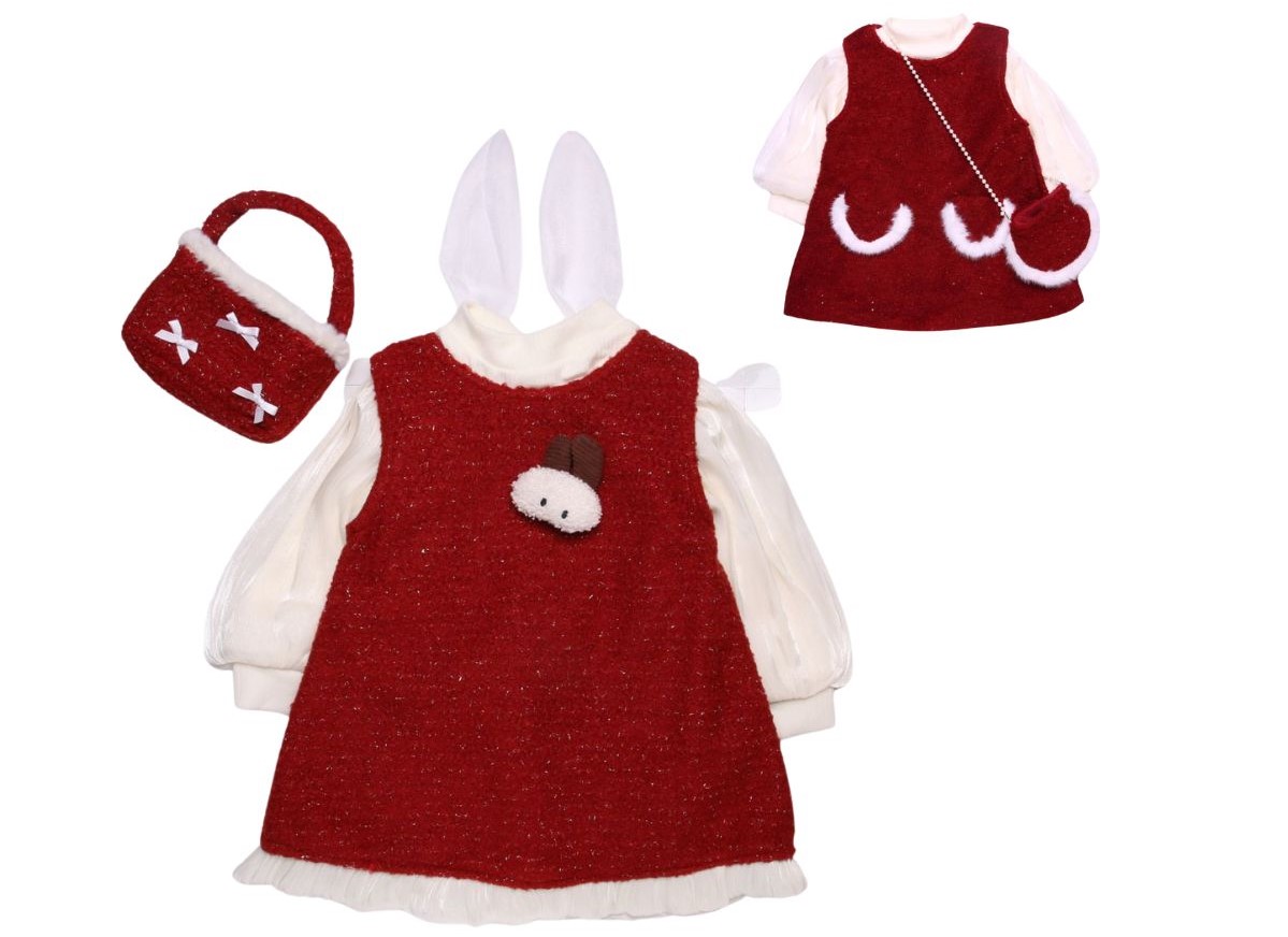 Set váy dạ đỏ tay bồng phối lông kèm túi
