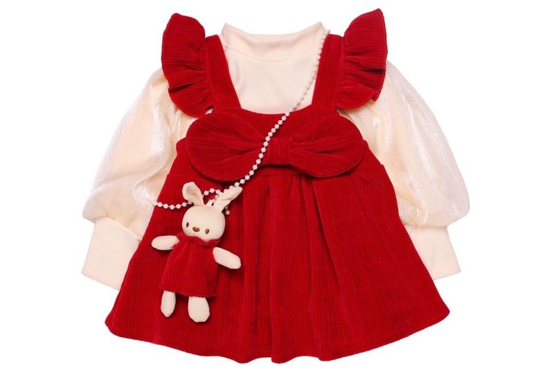 Set váy nhung tăm tay bồng nơ đỏ
