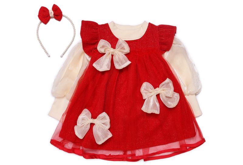Set váy nhung tăm tay bồng đính nơ 