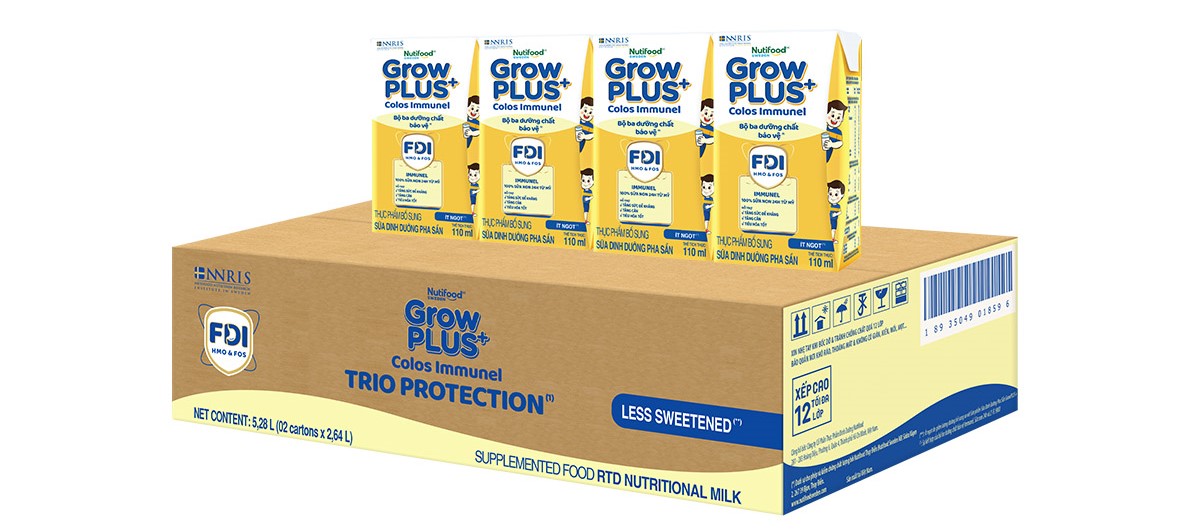 Sữa bột pha sẵn GrowPLUS+ Colos Immunel 110ml ít ngọt (Lốc 4 hộp)