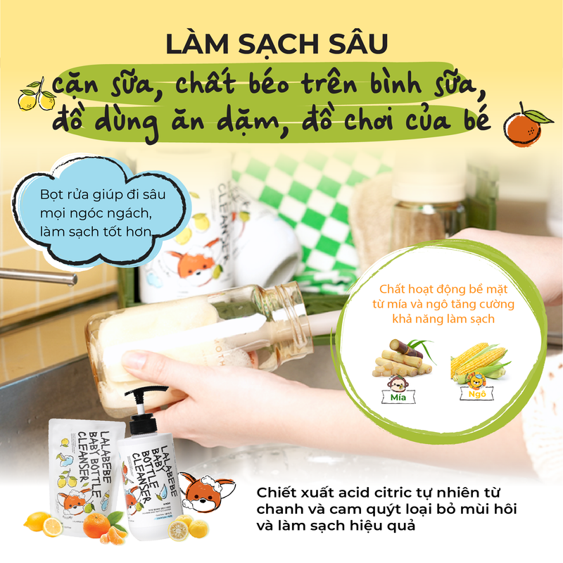 Nước rửa bình Lalabebe K-mom thuần chay chai tạo bọt 500ml