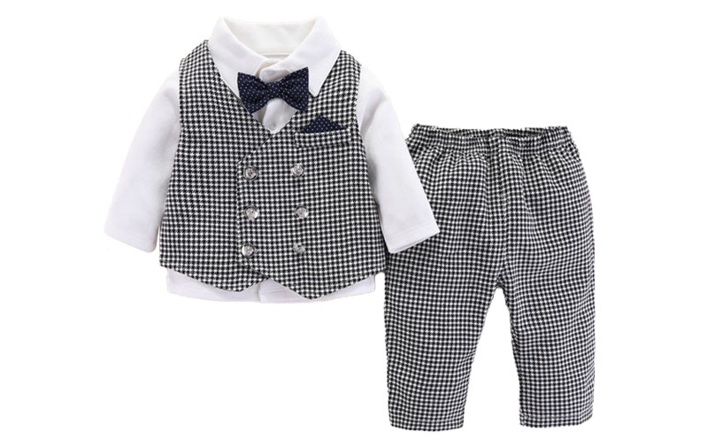 Set gile công tử caro ghi kèm nơ