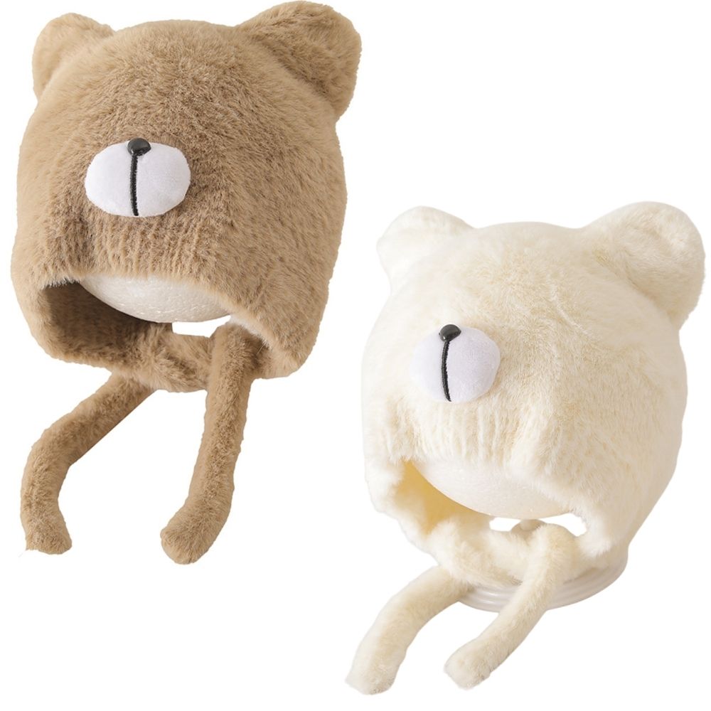 Mũ len buộc dây lông xù tai gấu PDL3