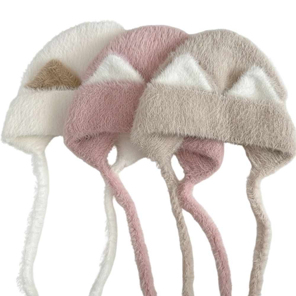 Mũ len buộc dây lông xù tai mèo