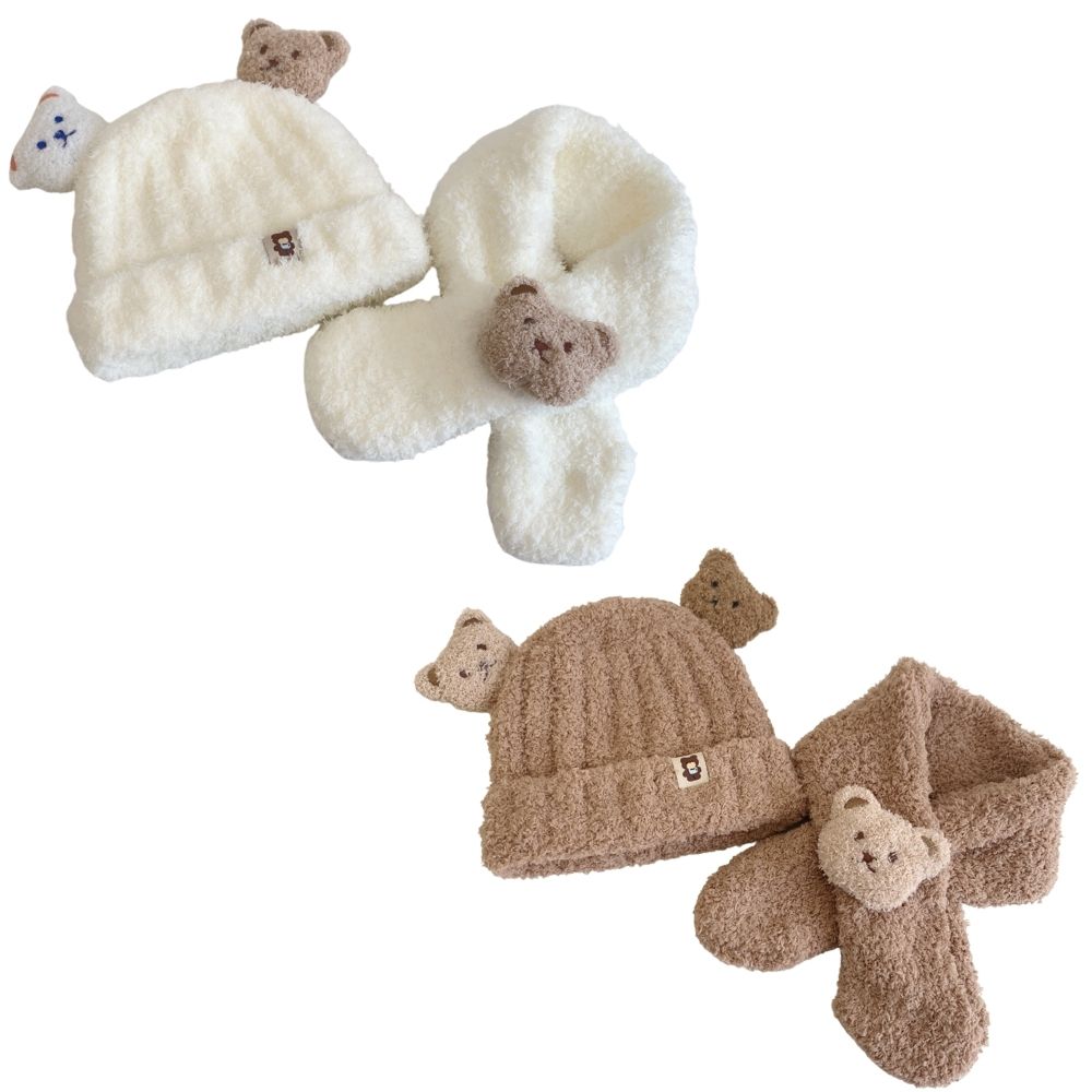 Sét mũ khăn len cho bé đính gấu PDL16