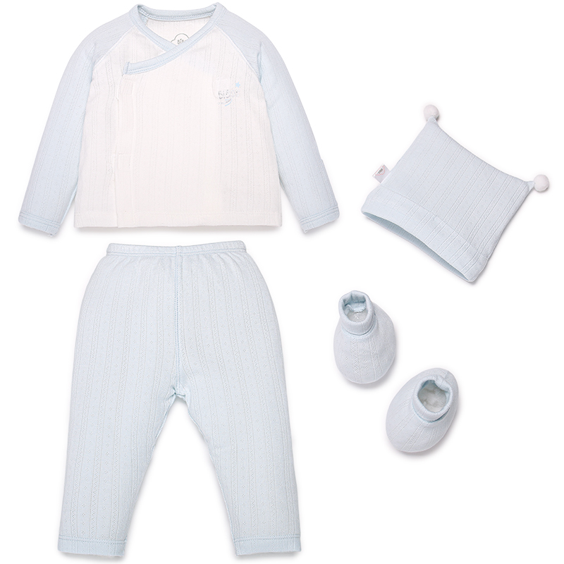 Bộ sơ sinh cài lệch bé trai Bibo's mix mũ, giày màu xanh