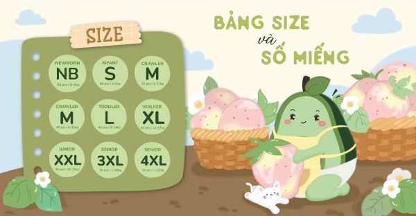 Bảng size và số miếng bỉm BB Nature