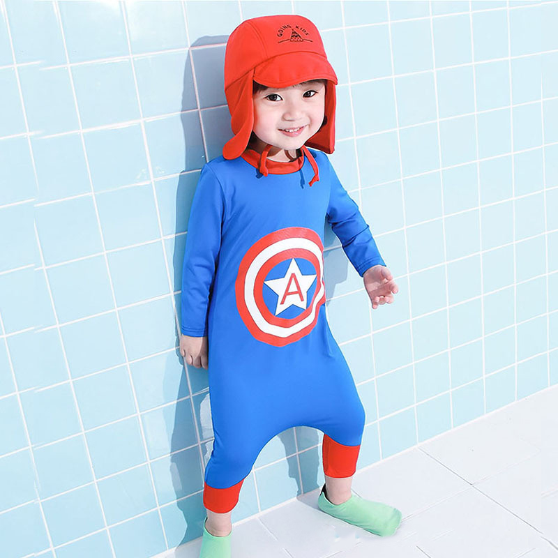 Đồ bơi kín toàn thân cho bé trai in hình Captain America