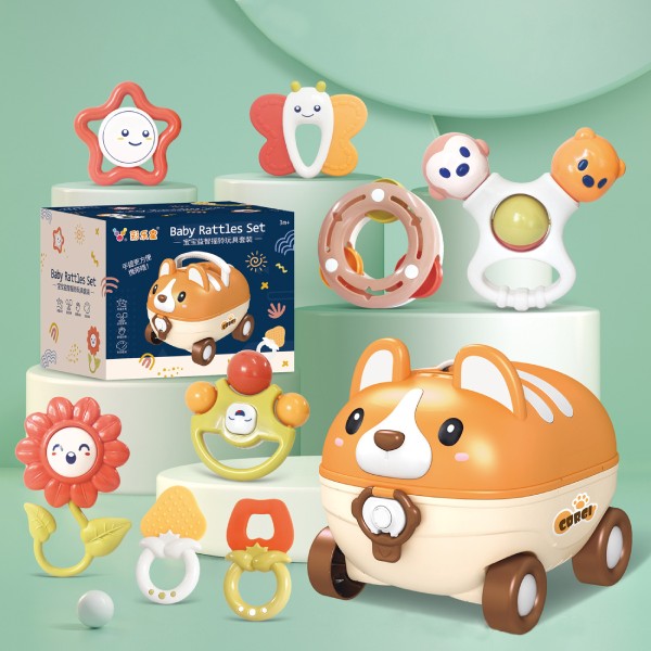 Hộp đồ chơi cho bé sơ sinh xúc xắc gặm nướu Corgi 8 món
