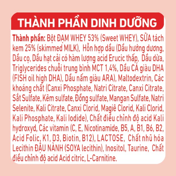 Bảng thành phần dinh dưỡng của sữa Pre Nan 380g