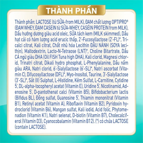 Bảng thành phần dinh dưỡng của sữa Nan Optipro Plus 1 800g