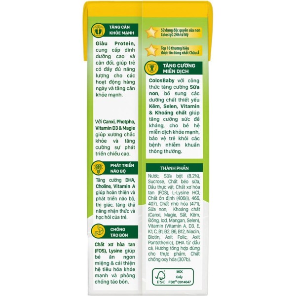 Các thành phần quan trọng của sữa bột pha sẵn ColosBaby 180ml