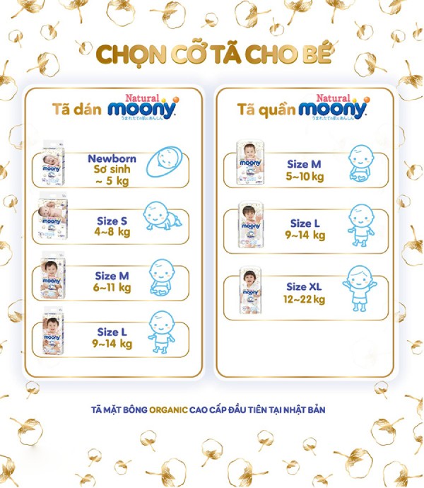 Bảng size bỉm - tã Moony trắng