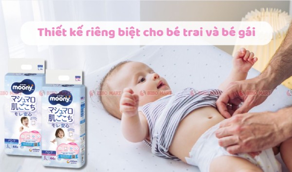Bỉm quần Moony size L được thiết kế riêng cho bé trai và bé gái