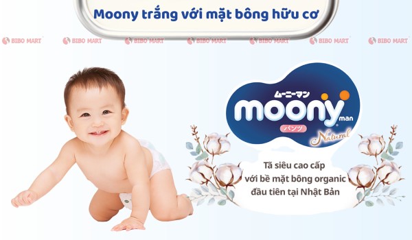 Bỉm Moony trắng size M với thiết kế mặt bông hữu cơ