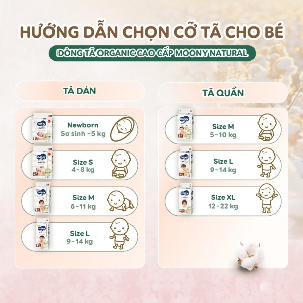 Hướng dẫn chọn size tã dán Moony Natural