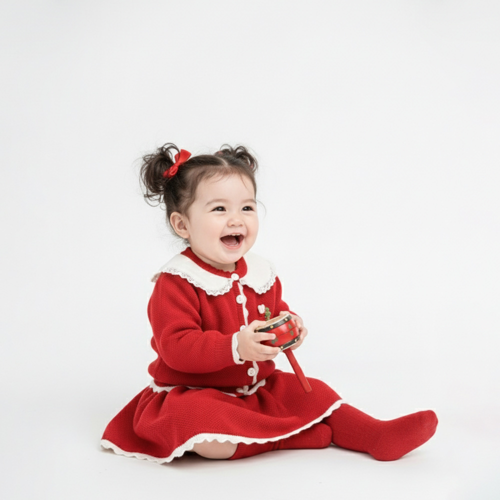 Set váy len viền bèo thỏ cute 120-049 màu đỏ cho bé